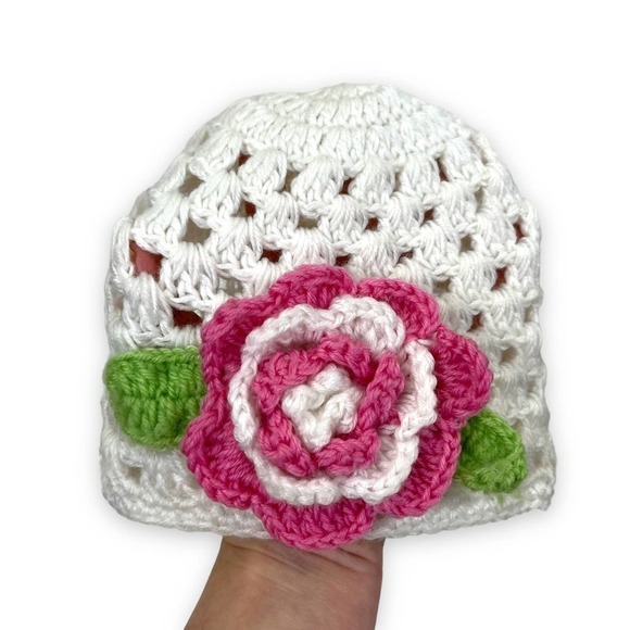 Handmade Hat Girls Crochet Knit Rose Beanie - Picture 3 of 6